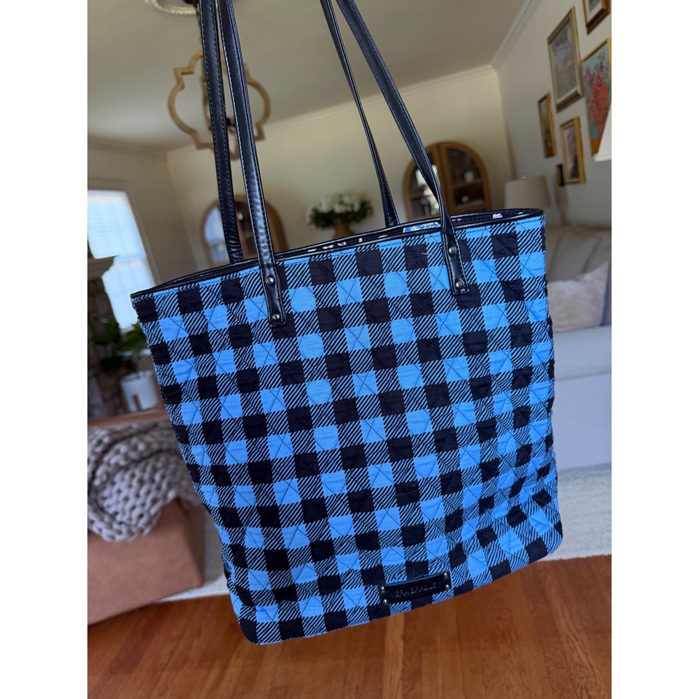Vera Bradley Blue Black Buffalo Check Quilted Tote Bag Floral Interior